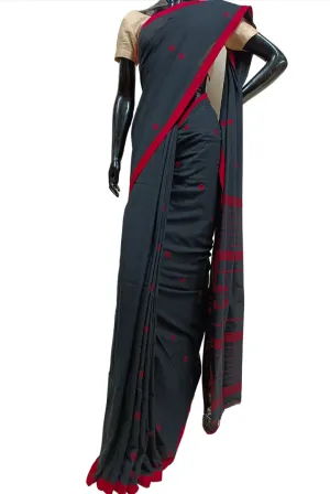 Black Handloom Cotton, Handwoven Jamdani Saree