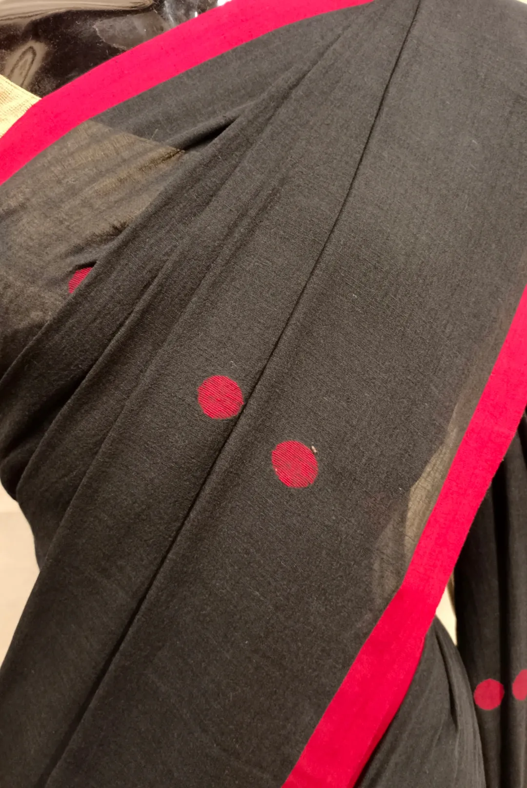 Black Handloom Cotton, Handwoven Jamdani Saree