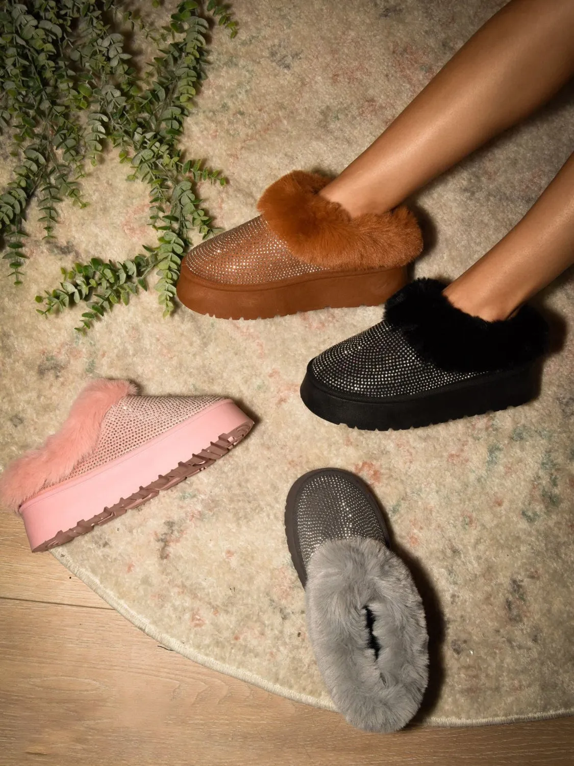 Black Platform Booties with Rhinestone Embellishment and Faux Fur