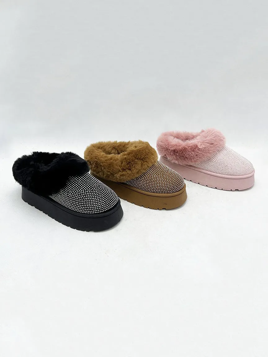 Black Platform Booties with Rhinestone Embellishment and Faux Fur