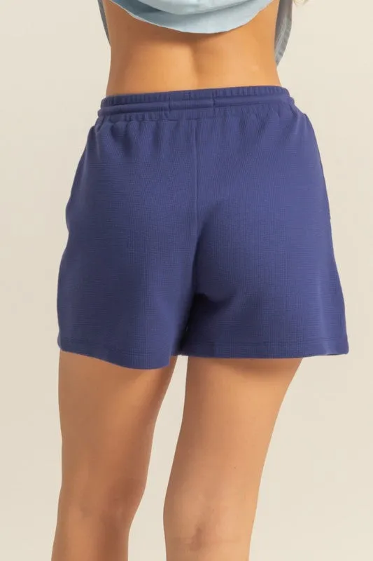 Blue Drawstring Waffle Knit Front Pocket Shorts