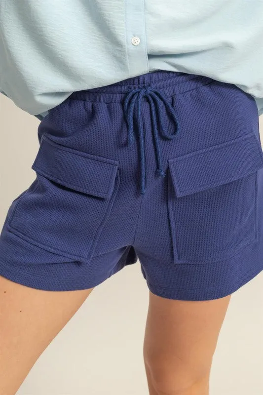 Blue Drawstring Waffle Knit Front Pocket Shorts