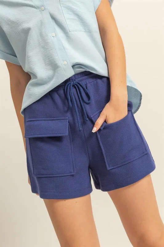 Blue Drawstring Waffle Knit Front Pocket Shorts