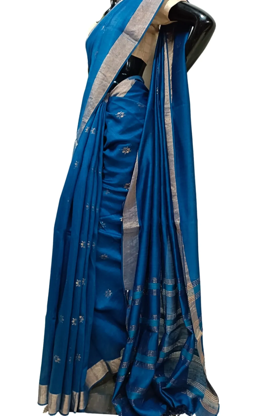 Blue Soft Handloom Tussar Silk Saree With Woven Zari Border