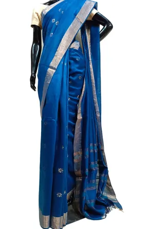 Blue Soft Handloom Tussar Silk Saree With Woven Zari Border