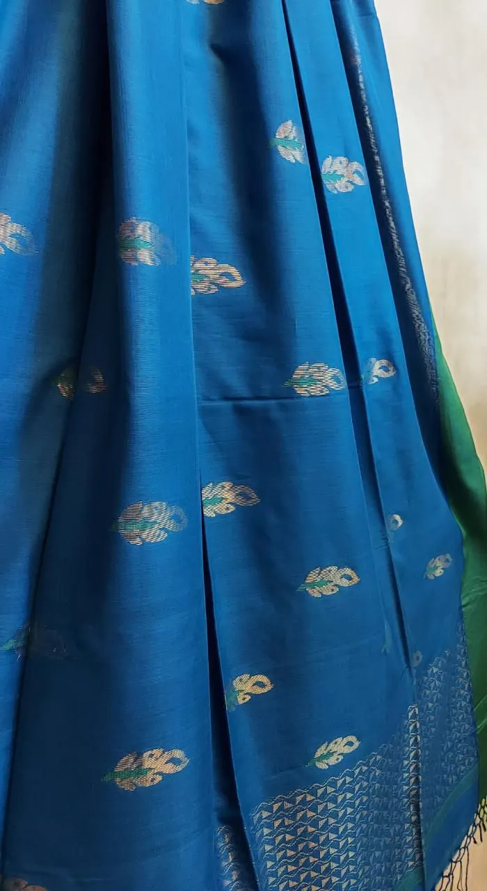 Bright Blue Soft Handloom Cotton saree With Green Border