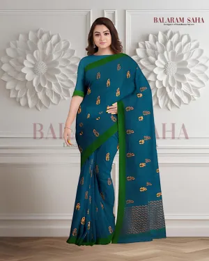 Bright Blue Soft Handloom Cotton saree With Green Border