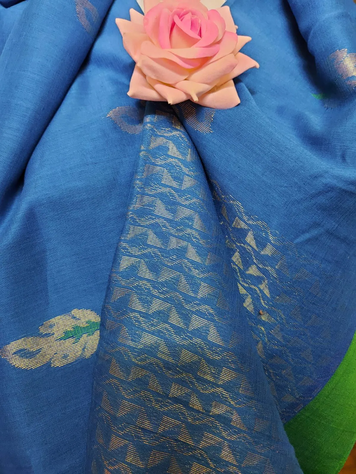 Bright Blue Soft Handloom Cotton saree With Green Border