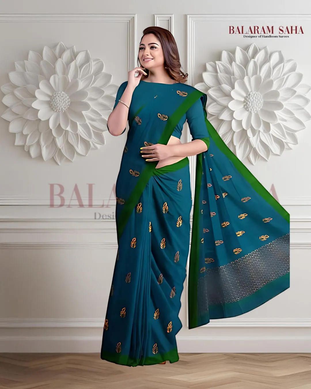 Bright Blue Soft Handloom Cotton saree With Green Border