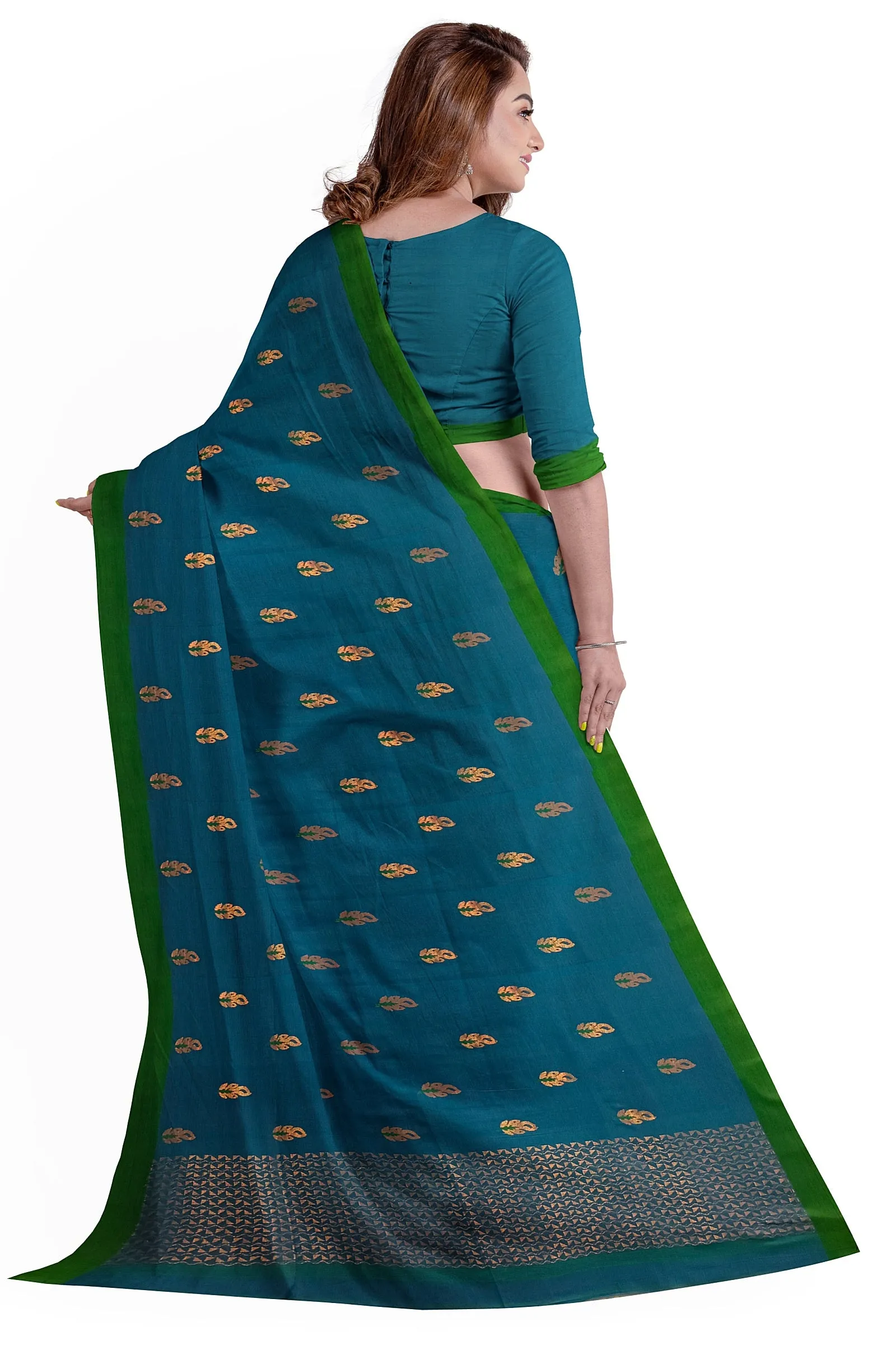 Bright Blue Soft Handloom Cotton saree With Green Border