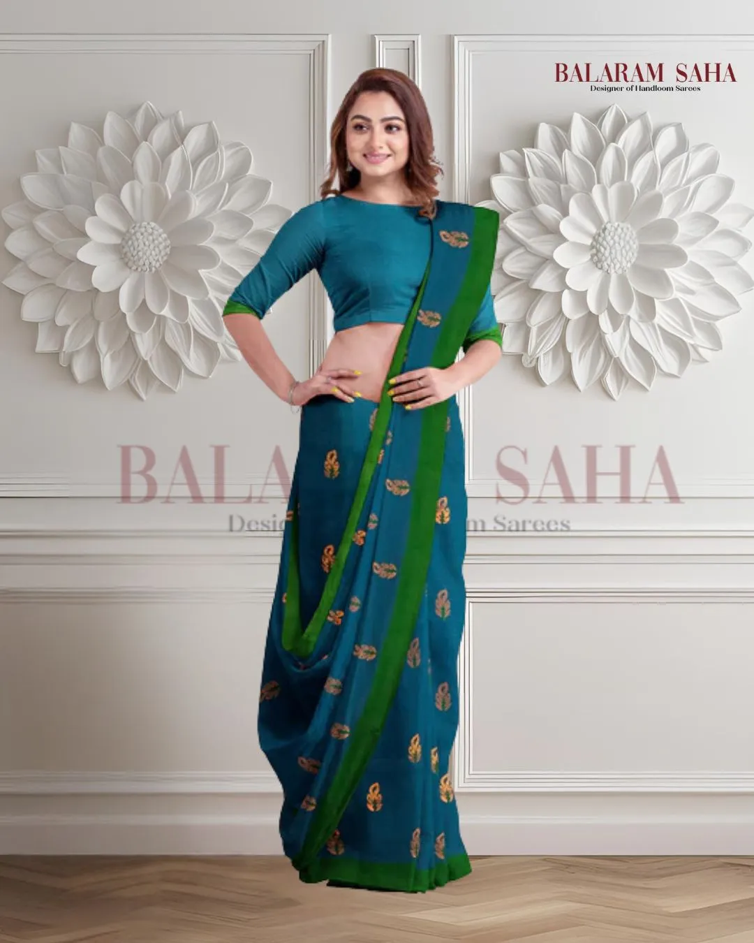 Bright Blue Soft Handloom Cotton saree With Green Border