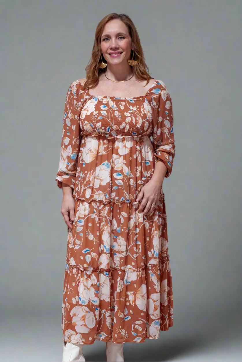 Brown Floral Print High Waist Maxi Dress