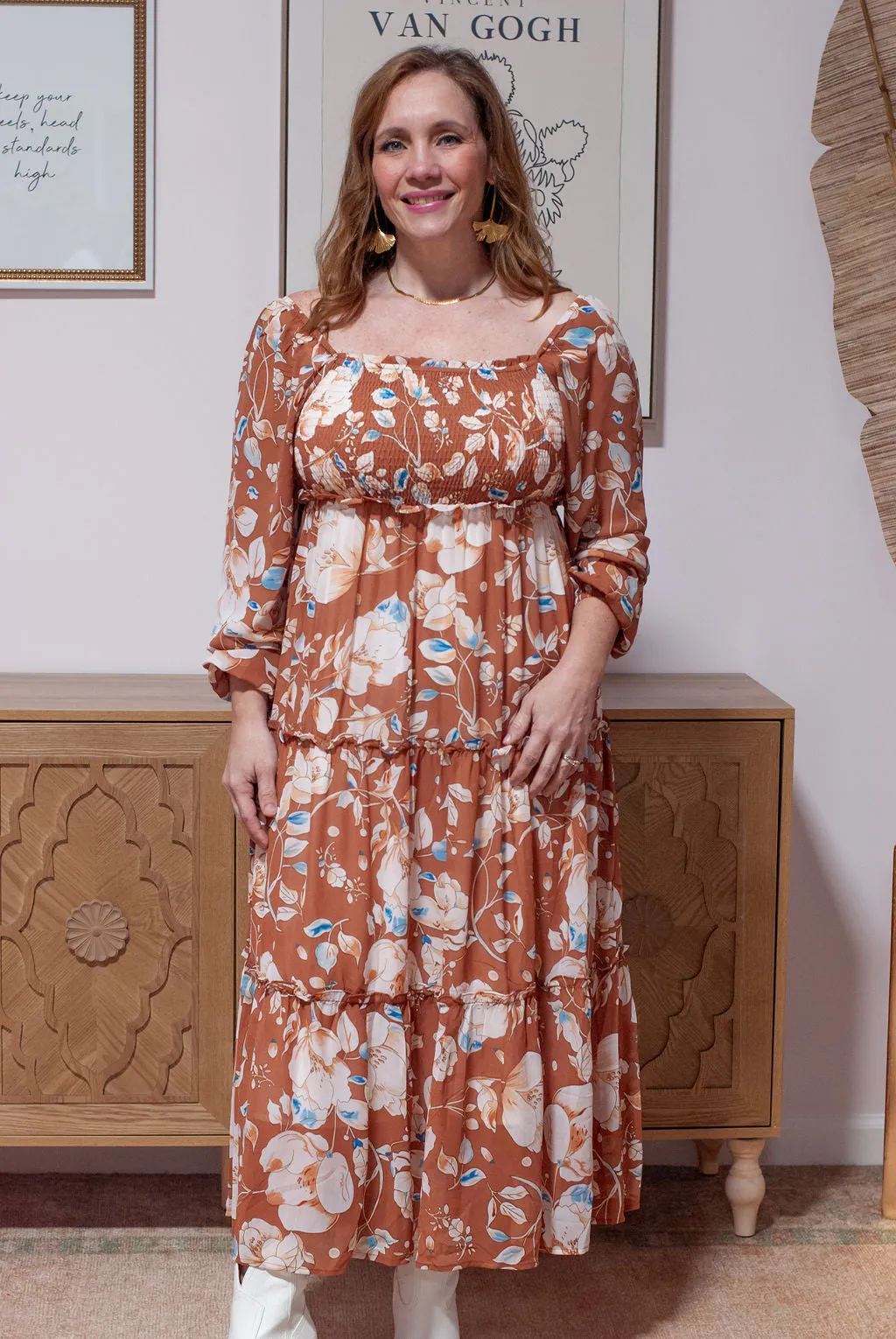 Brown Floral Print High Waist Maxi Dress