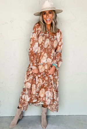 Brown Floral Print High Waist Maxi Dress
