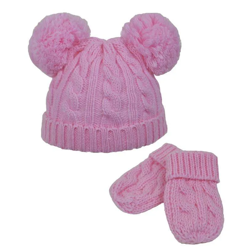 Cable Knit Pom Pom hat/mitten set- (0-6m) H495-PB