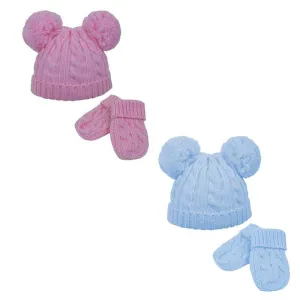 Cable Knit Pom Pom hat/mitten set- (0-6m) H495-PB