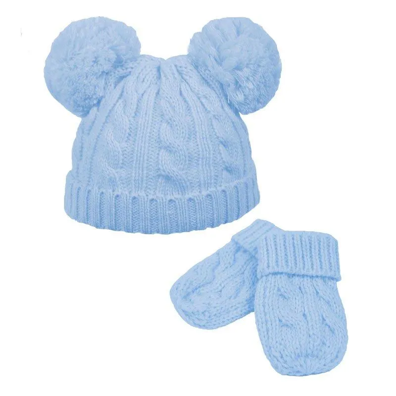 Cable Knit Pom Pom hat/mitten set- (0-6m) H495-PB