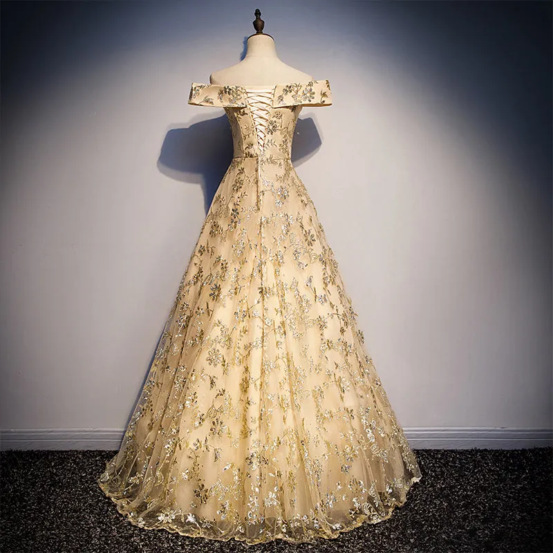 Charmiang Light Gold Long Off Shoulder Party Dress, Prom Dress