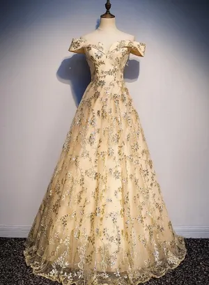 Charmiang Light Gold Long Off Shoulder Party Dress, Prom Dress