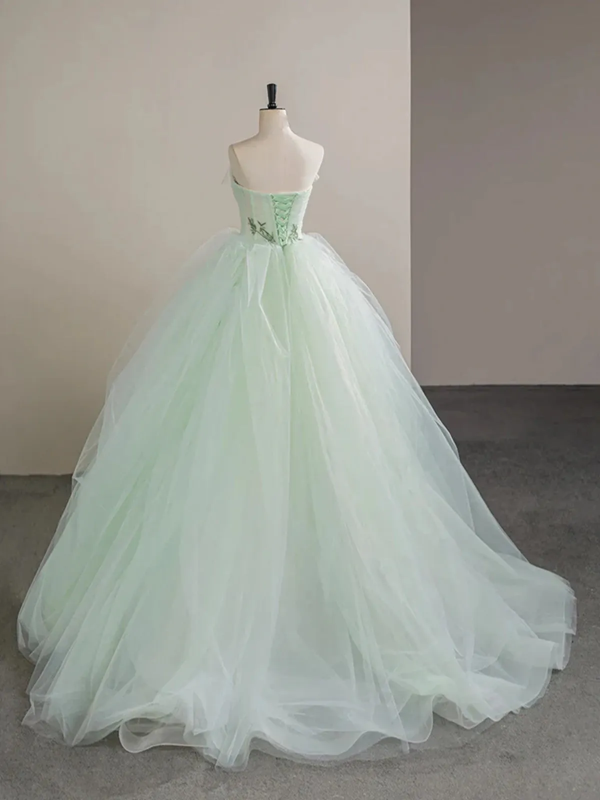 Charming Light Green Tulle with Lace Scoop Evening Dress, Light Green Long Prom Dress