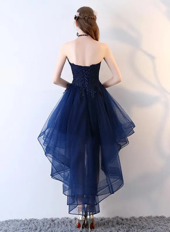 Chic High Low Dark Red Tulle Short Prom Dress with Lace Applique, Tulle Prom Dress