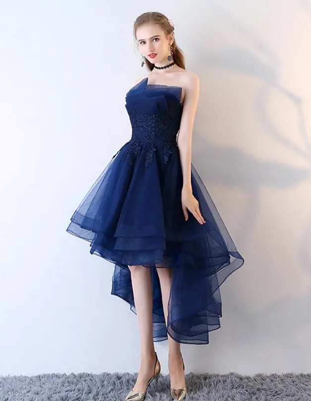 Chic High Low Dark Red Tulle Short Prom Dress with Lace Applique, Tulle Prom Dress