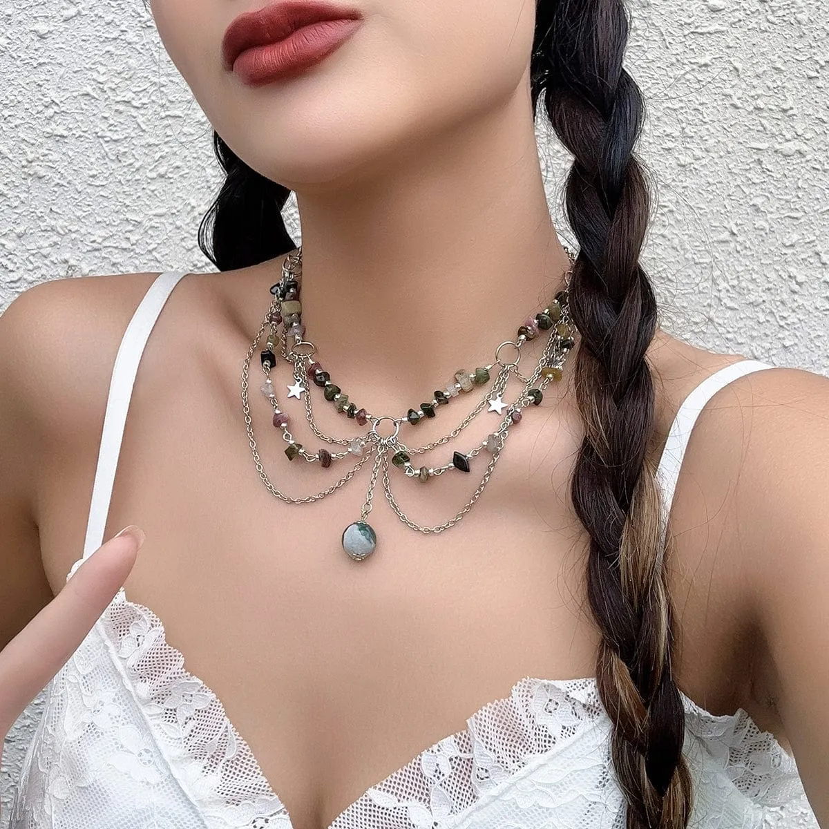 Chic Layered Turquoise Stone Tassel Necklace