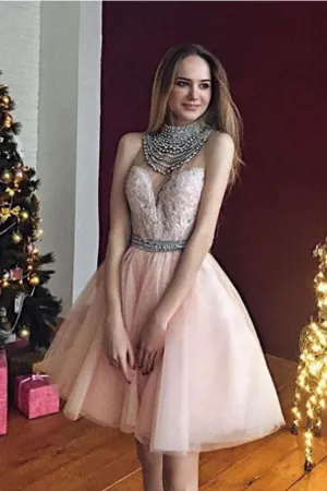 Chic Pearl Pink A Line Appliques Beading Short Homecoming Dresses OKB51