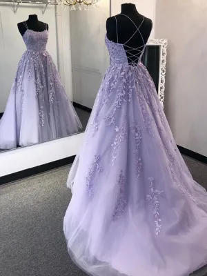 Chic Purple Tulle with Lace Applique Long Formal Dress, Purple Cross Back Prom Dress