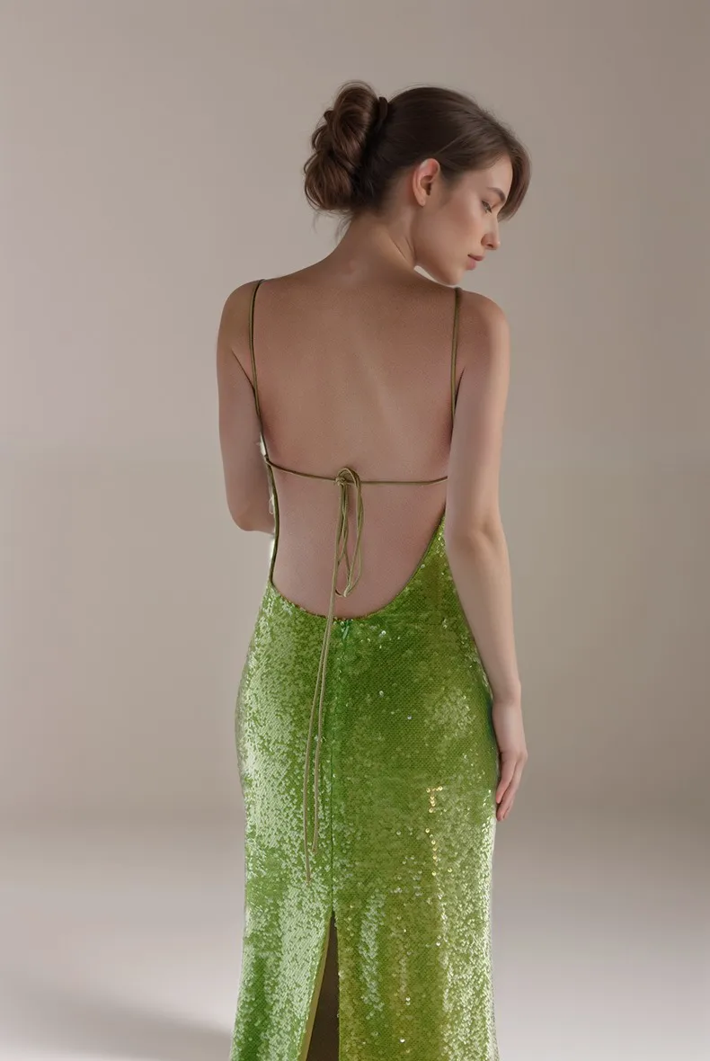 Chic Spaghetti Strap Tie Back Sequin Cocktail Dress