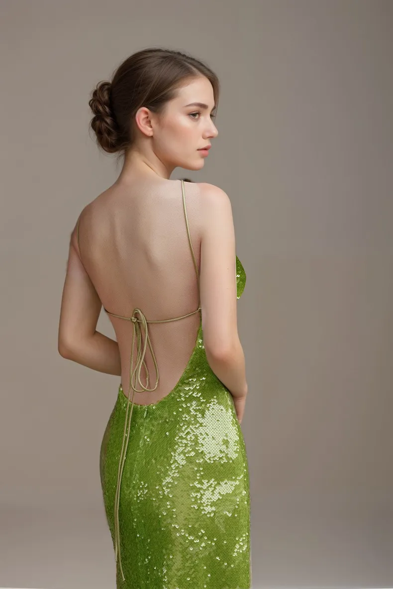 Chic Spaghetti Strap Tie Back Sequin Cocktail Dress