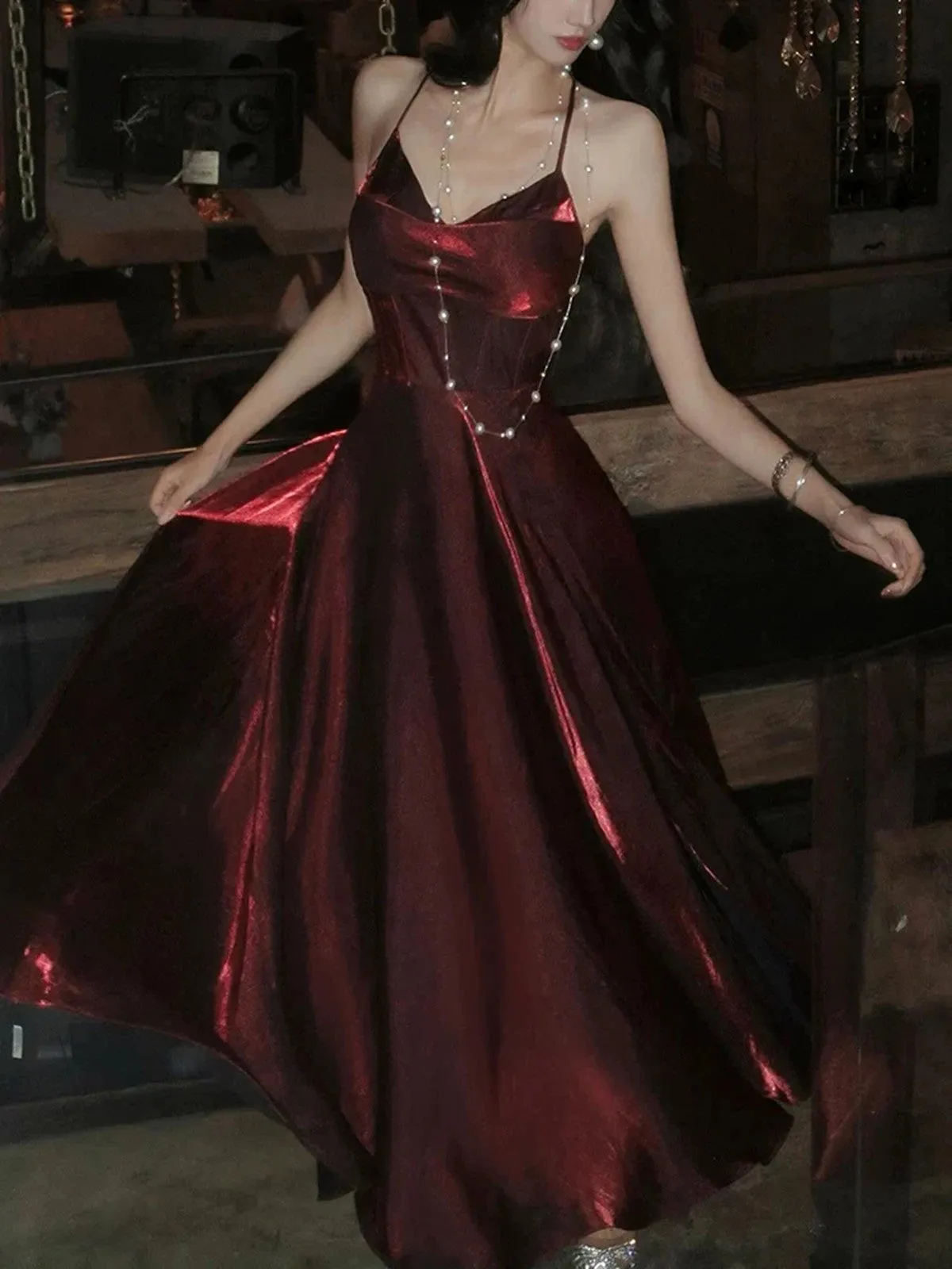 Chic Wine Red V-neckline Straps Long Party Dress, Wine Red Satin Prom Dress
