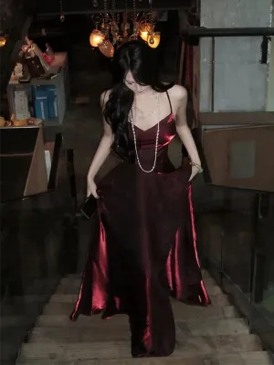 Chic Wine Red V-neckline Straps Long Party Dress, Wine Red Satin Prom Dress