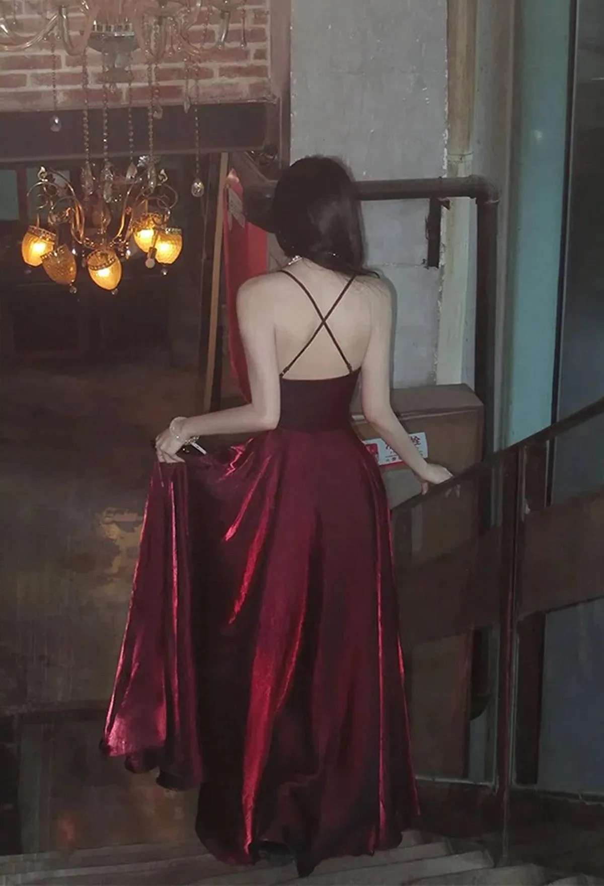 Chic Wine Red V-neckline Straps Long Party Dress, Wine Red Satin Prom Dress