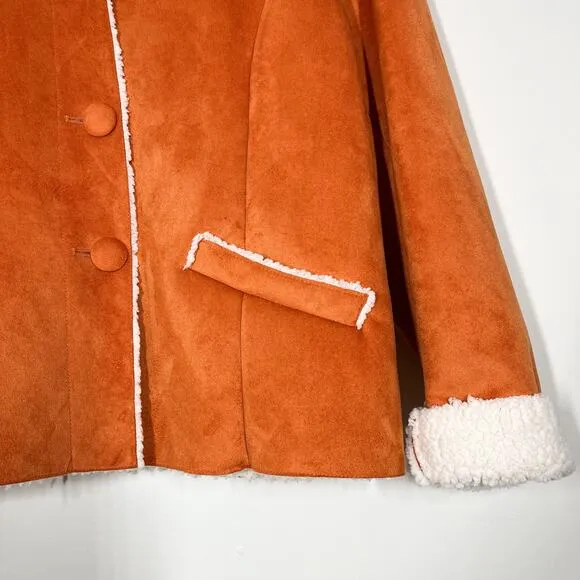 Chico’s Faux Suede Cozy Sherpa Himalaya Jacket Coat Sz 2 US L Ember Color Winter