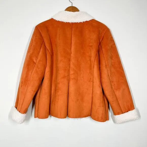 Chico’s Faux Suede Cozy Sherpa Himalaya Jacket Coat Sz 2 US L Ember Color Winter