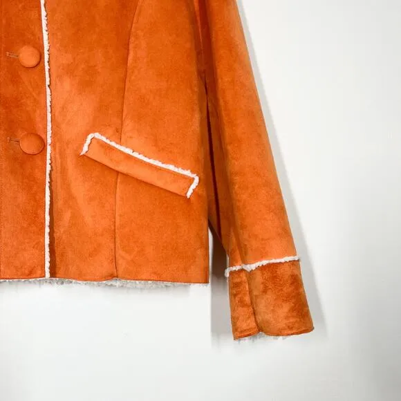 Chico’s Faux Suede Cozy Sherpa Himalaya Jacket Coat Sz 2 US L Ember Color Winter