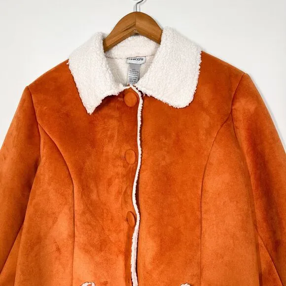 Chico’s Faux Suede Cozy Sherpa Himalaya Jacket Coat Sz 2 US L Ember Color Winter