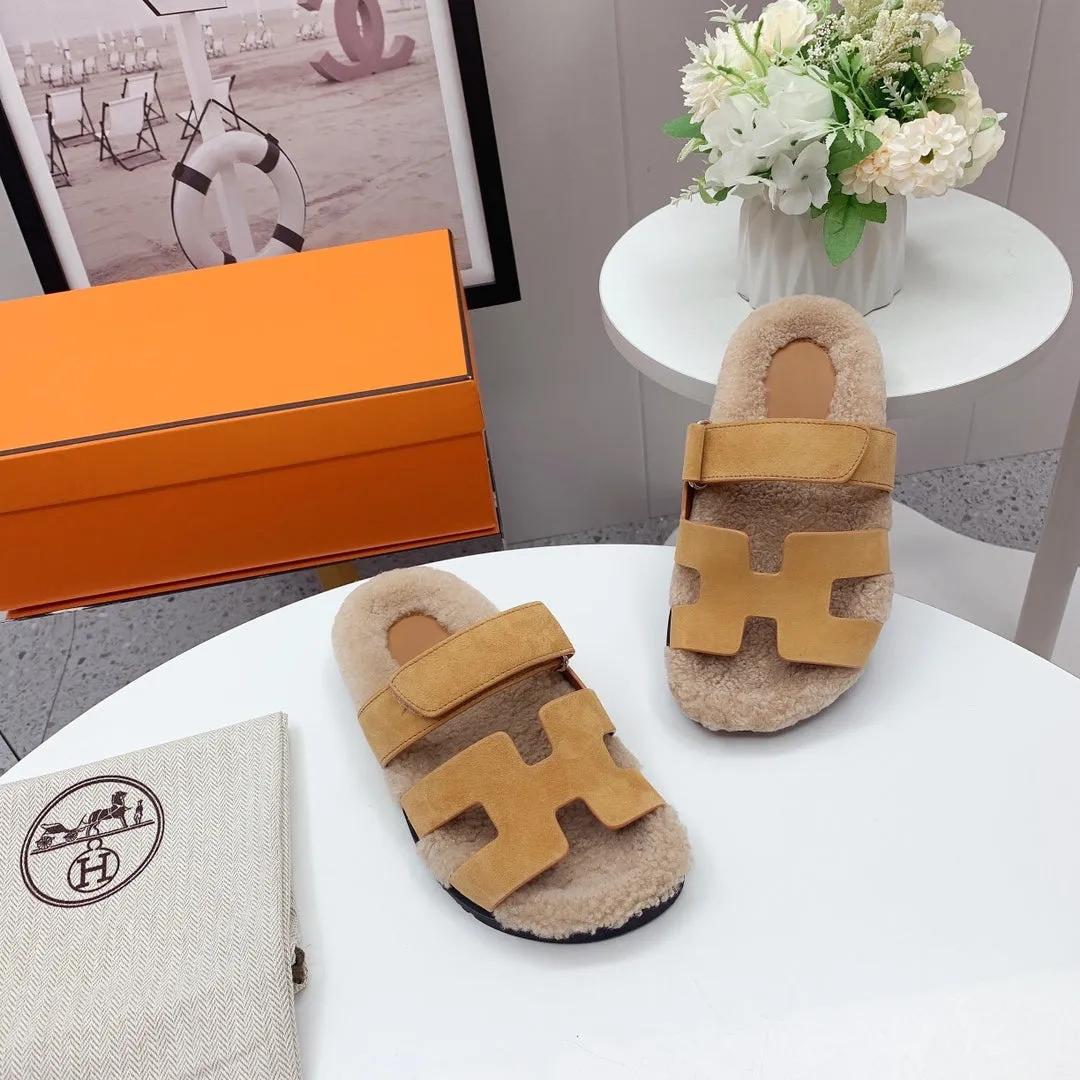 Chypre Sandal Beige shearling insole Light Brown Velvet leather lining