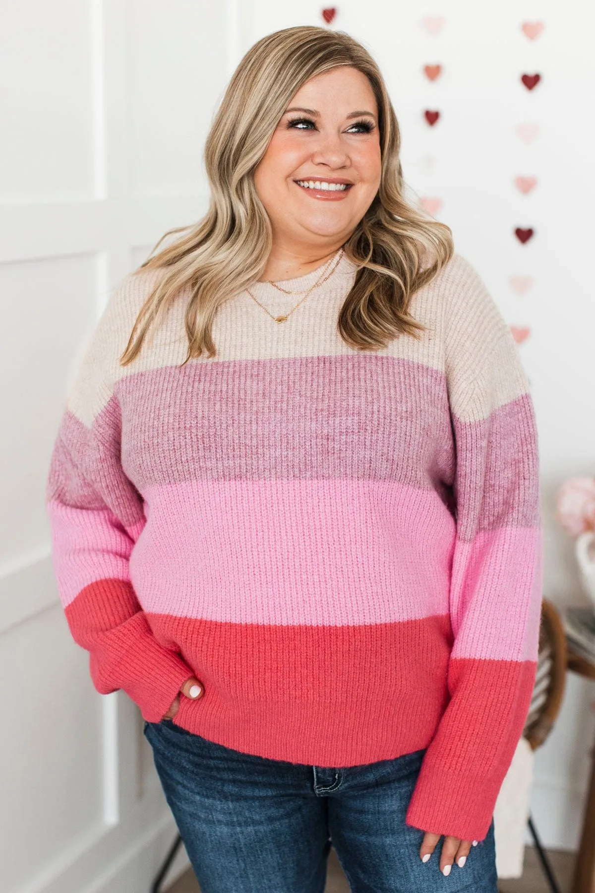 Cozy Memories Color Block Sweater- Natural & Pink