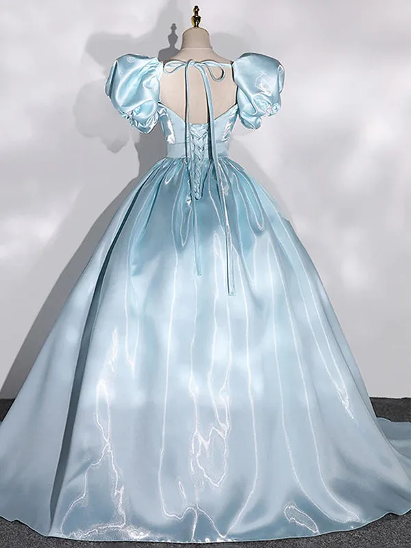 Crystal Satin Sparkly Blue Soft V-neck Princess A-line Long Prom Dress, PD3533