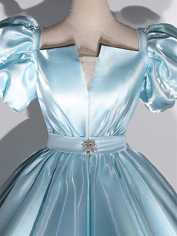 Crystal Satin Sparkly Blue Soft V-neck Princess A-line Long Prom Dress, PD3533