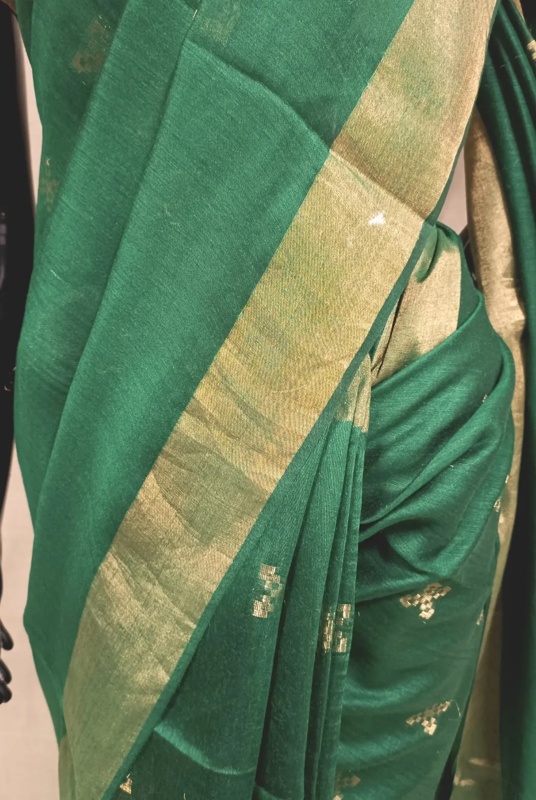 Dark Green Handloom Tussar Silk Saree With Plain woven Zari Border
