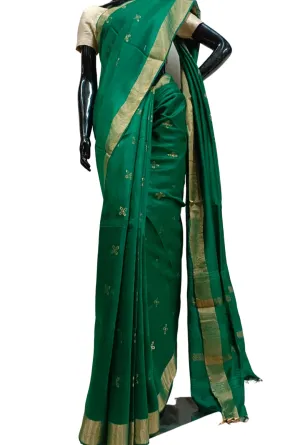 Dark Green Handloom Tussar Silk Saree With Plain woven Zari Border
