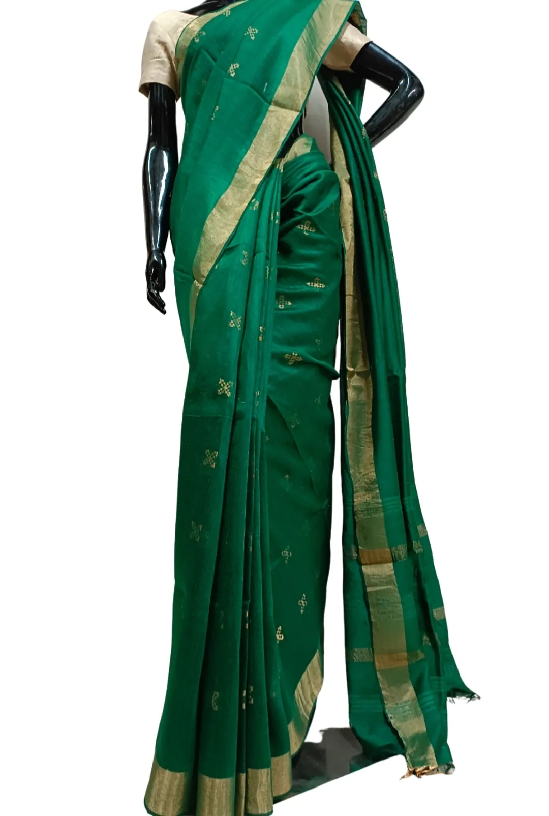 Dark Green Handloom Tussar Silk Saree With Plain woven Zari Border