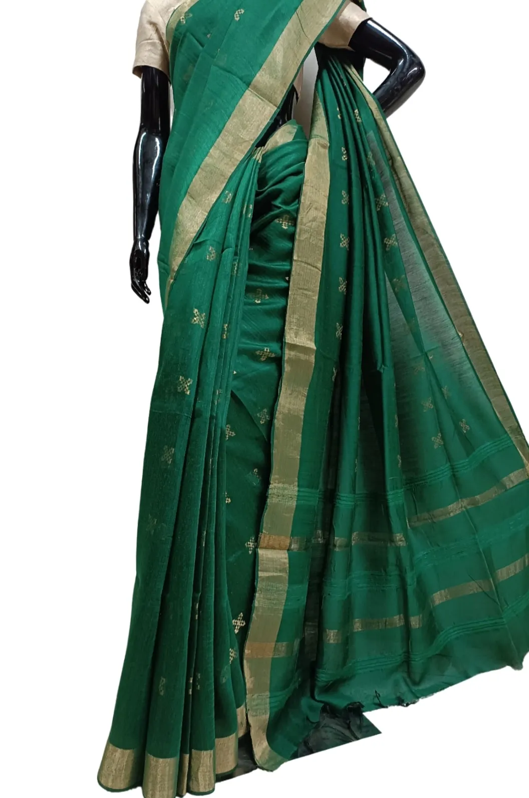 Dark Green Handloom Tussar Silk Saree With Plain woven Zari Border