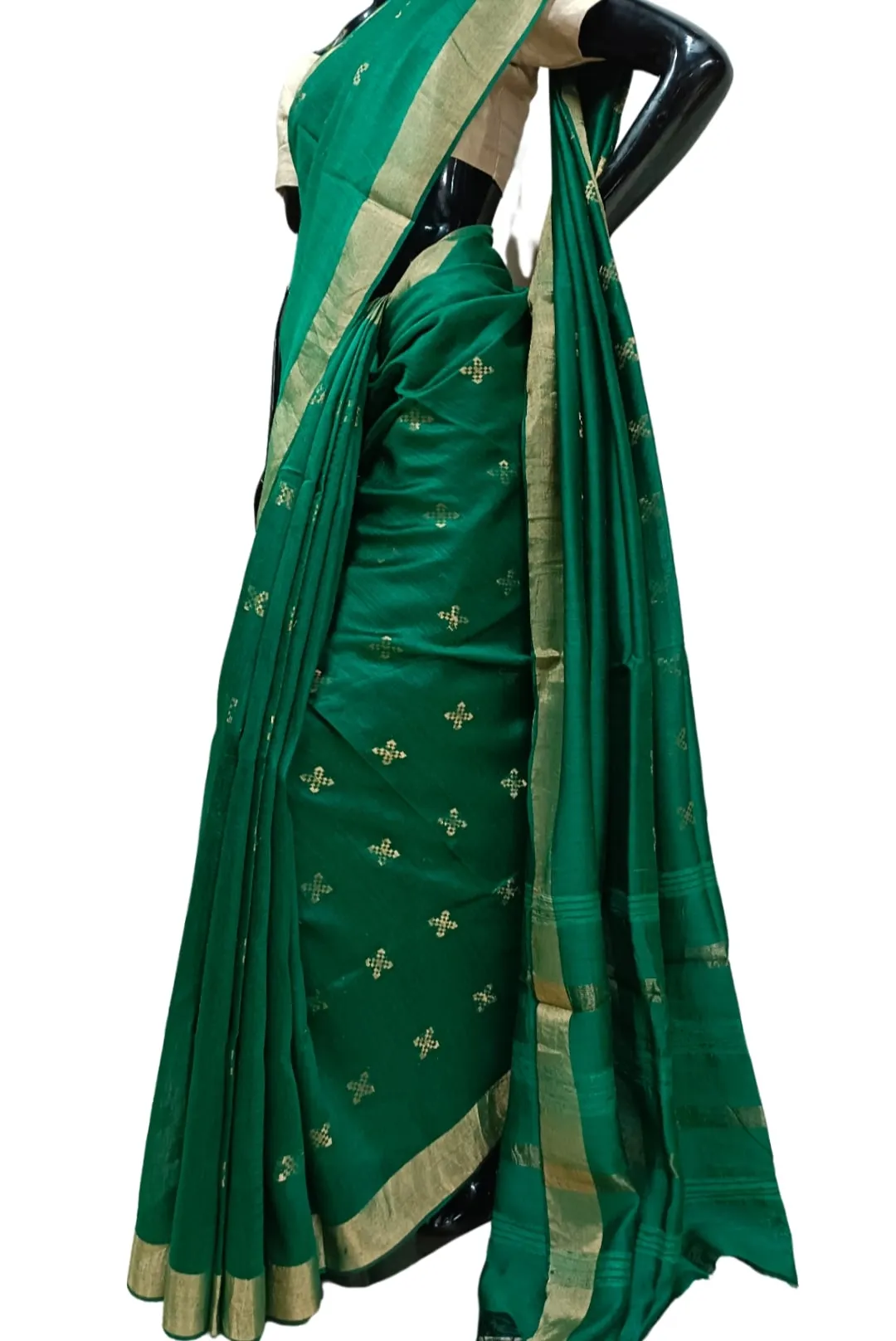 Dark Green Handloom Tussar Silk Saree With Plain woven Zari Border