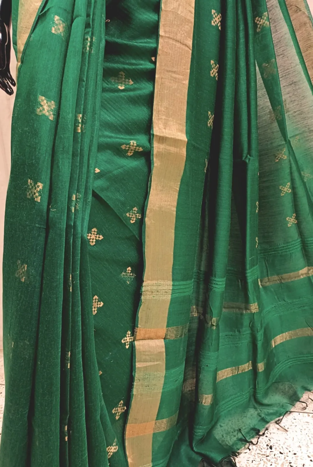 Dark Green Handloom Tussar Silk Saree With Plain woven Zari Border