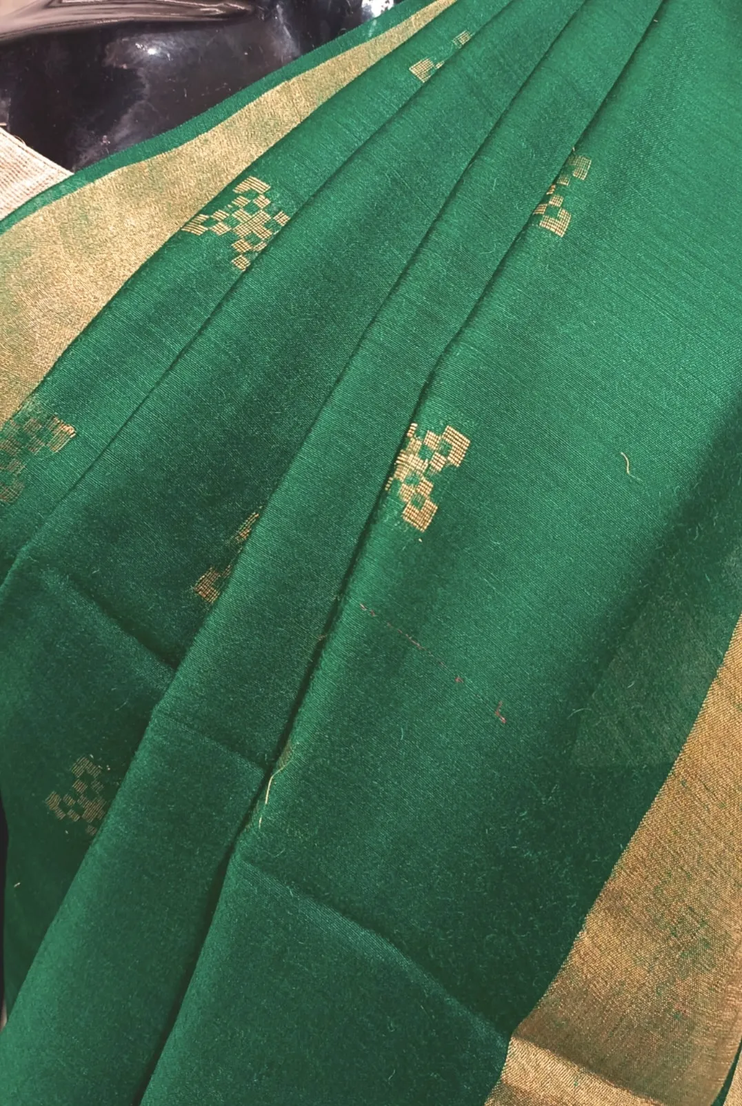 Dark Green Handloom Tussar Silk Saree With Plain woven Zari Border