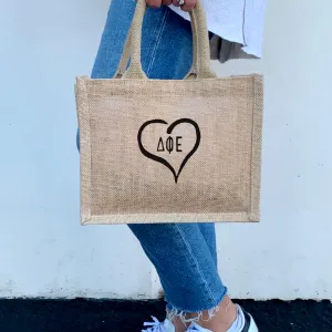 Delta Phi Epsilon Heart and Sorority Letters Burlap Tote Bag
